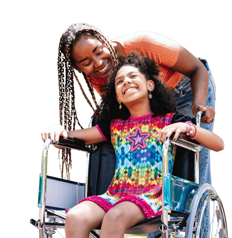 A woman helping a disabled child