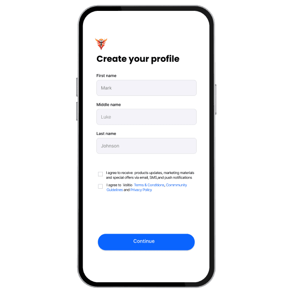 Volitio sign up screenshot